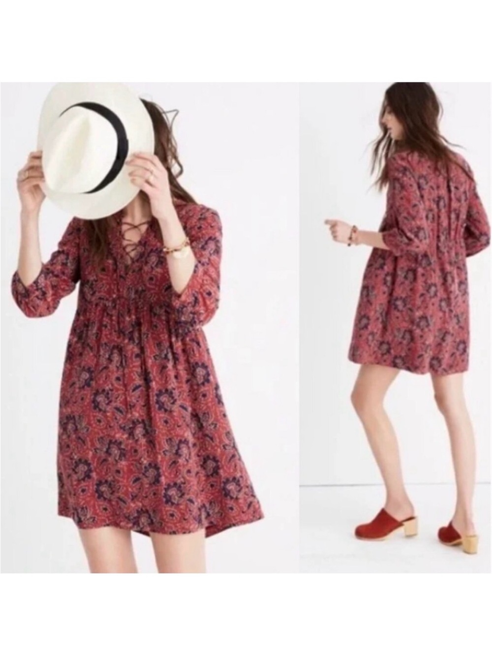 Madewell Silk Lace-Up Assam Floral Dress in Rust Red XS